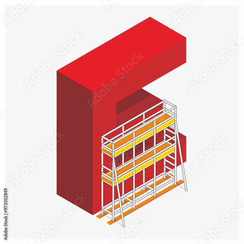 Isometric tubular scaffolding with letter E shape of structure vector illustration. Connected steel pipes by couplers for falsework and work platforms. Construction equipment for work at height.