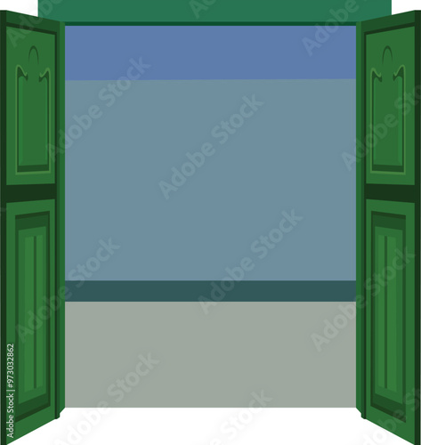 Wooden door wide open. Exit, entrance.  Flat vector illustration isolated on white backgroun. Green stylish open door vector design for  cartoon animation