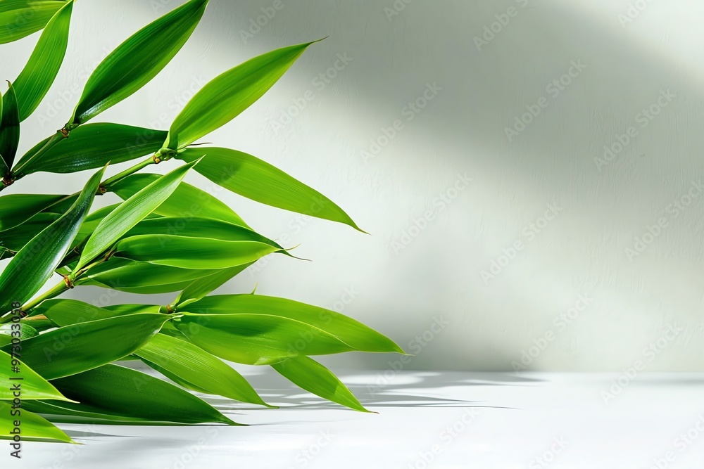 Fototapeta premium Fresh green leaves arranged elegantly on a minimalist background, ideal for nature themes and eco-friendly concepts.