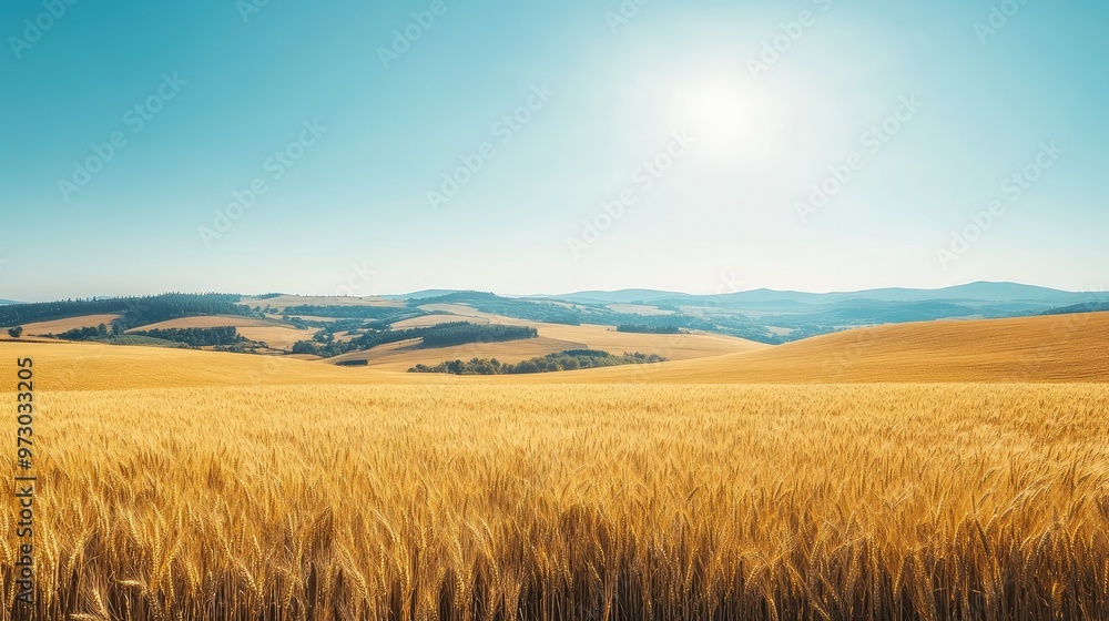 A panoramic view of endless wheat fields bathed in bright sunlight, with rolling hills and clear skies in the background. A panoramic view of endless wheat fields bathed in bright sunlight, with rolling hills and clear skies in the background.