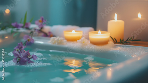 A serene bath scene with candles and bath salts, emphasizing self-care and well-being