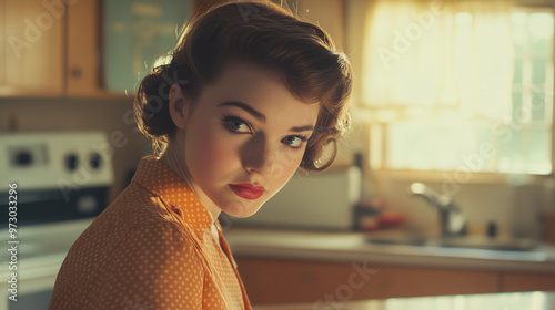 A retro vintage style housewife or tradwife looks to camera, cinematic lighting, vintage kitchen setting. She appears vacant or sad. Wide landscape format 16:9 with copy space photo