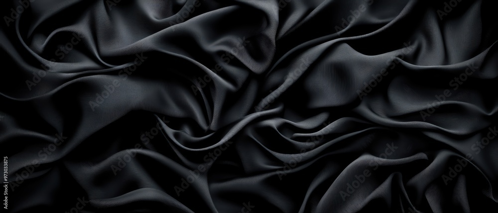 Fototapeta premium Luxurious black silk fabric with elegant folds and smooth texture, perfect for creating a sophisticated atmosphere.