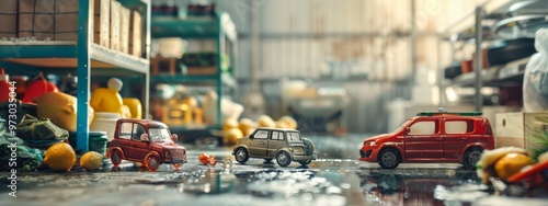 Toy cars scattered on a wet warehouse floor photo