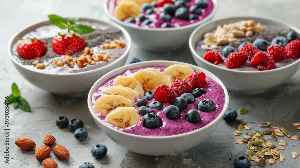 This smoothie bowl is topped with fresh strawberries, bananas, and crunchy nuts for a healthy treat This smoothie bowl is topped with fresh strawberries, bananas, and crunchy nuts for a healthy treat