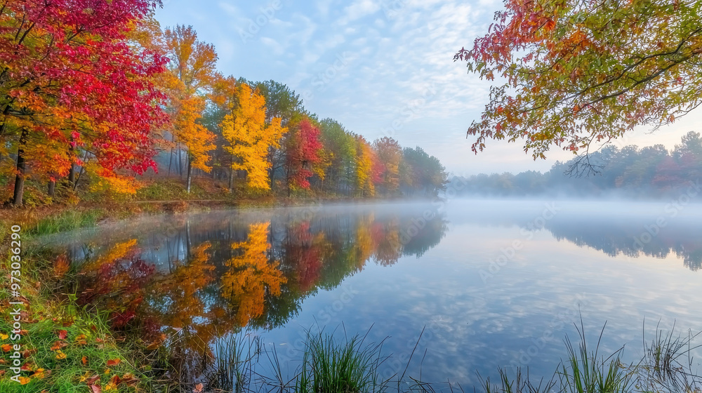 Fototapeta premium Tranquil autumn landscape with vibrant red, orange, and yellow trees reflecting on a misty lake at sunrise