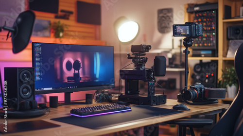 A workspace showcasing the best tools for content creators, including a high-quality camera, microphone, and lighting setup photo