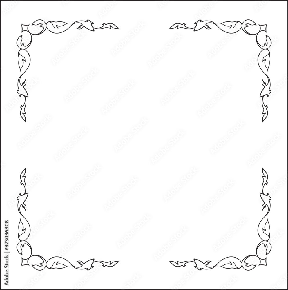 Elegant black and white ornamental frame, decorative border, corners for greeting cards, banners, business cards, invitations, menus. Isolated vector illustration.
Elegant black and white ornamental frame, decorative border, corners for greeting cards, banners, business cards, invitations, menus. Isolated vector illustration.