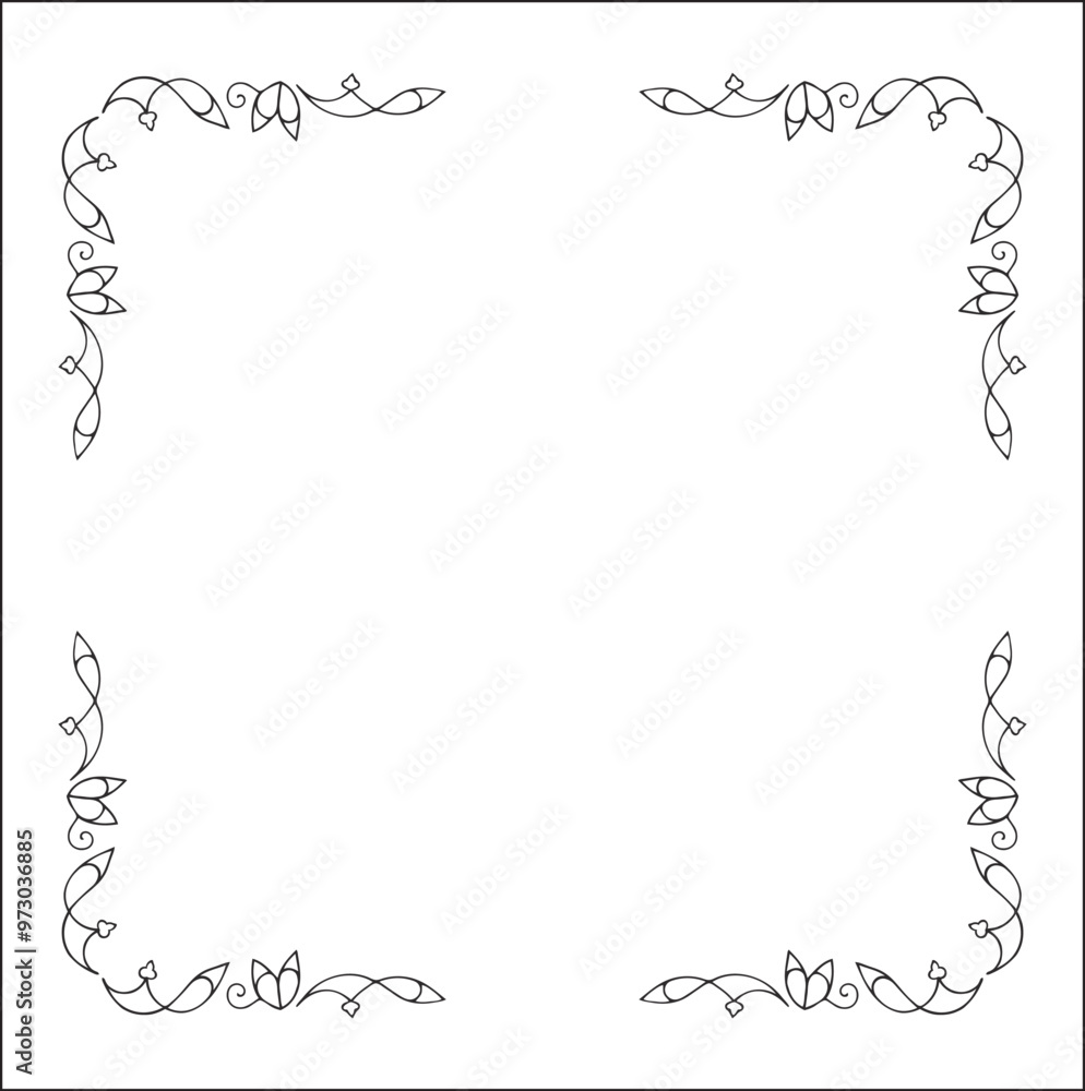 Elegant black and white ornamental frame, decorative border, corners for greeting cards, banners, business cards, invitations, menus. Isolated vector illustration.
Elegant black and white ornamental frame, decorative border, corners for greeting cards, banners, business cards, invitations, menus. Isolated vector illustration.