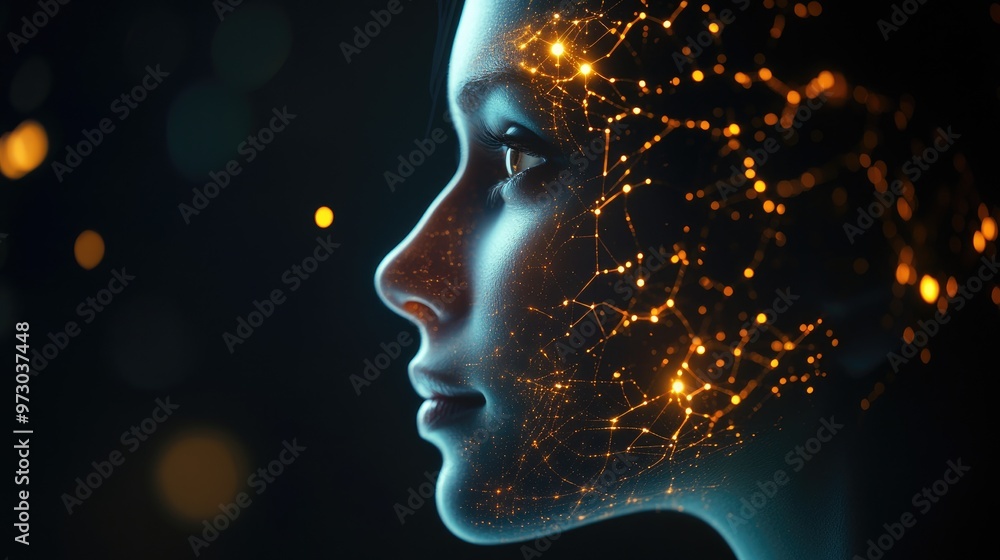 A digital rendering of a woman's face with glowing lines and dots. A digital rendering of a woman's face with glowing lines and dots.