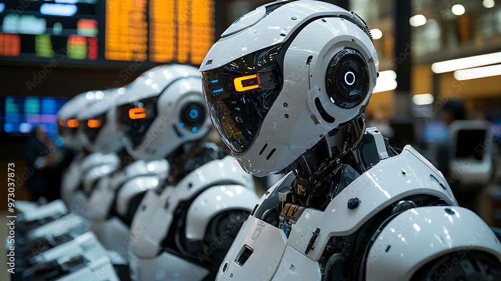 Futuristic white robots with glowing orange eyes move through a sleek, modern setting. Futuristic white robots with glowing orange eyes move through a sleek, modern setting.