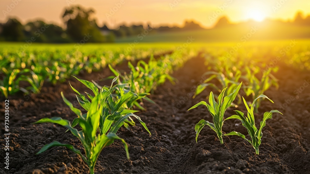 A close-up view of young corn plants growing in a field at sunset, with the sun shining in the background. A close-up view of young corn plants growing in a field at sunset, with the sun shining in the background.
