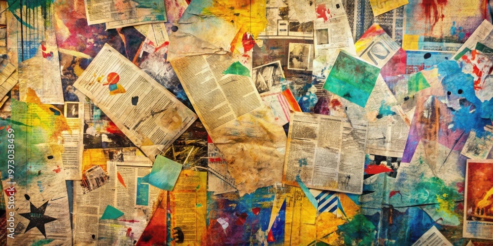 Naklejka premium Abstract collage backdrop with mixed newspaper clippings and graffiti on colorful grunge background