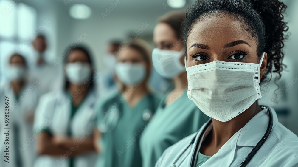 Focused Determination A Close-Up of a Female Doctor in a White Coat with a Stethoscope, Wearing a Protective Mask in a Blurred Hospital Setting,Healthcare, Medical Professional, Doctor Focused Determination A Close-Up of a Female Doctor in a White Coat with a Stethoscope, Wearing a Protective Mask in a Blurred Hospital Setting,Healthcare, Medical Professional, Doctor