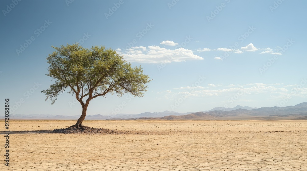 A solitary desert tree struggling to survive in the arid summer landscape, standing tall amidst dry sand and heat. A solitary desert tree struggling to survive in the arid summer landscape, standing tall amidst dry sand and heat.