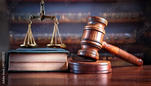 Wooden gavel and books on wooden table, law concept