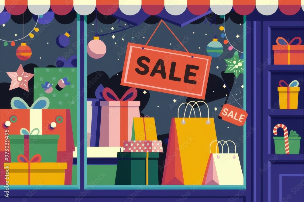 Naklejka premium Festive Holiday Storefront Display with Sale Signs and Gift-Wrapped Presents Image