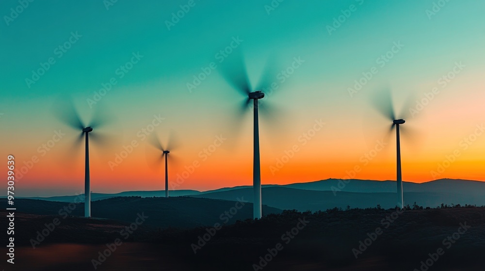 Obraz premium A conceptual image of wind energy, with blurred motion of turbine blades spinning against a clear sky, symbolizing the generation of clean power
