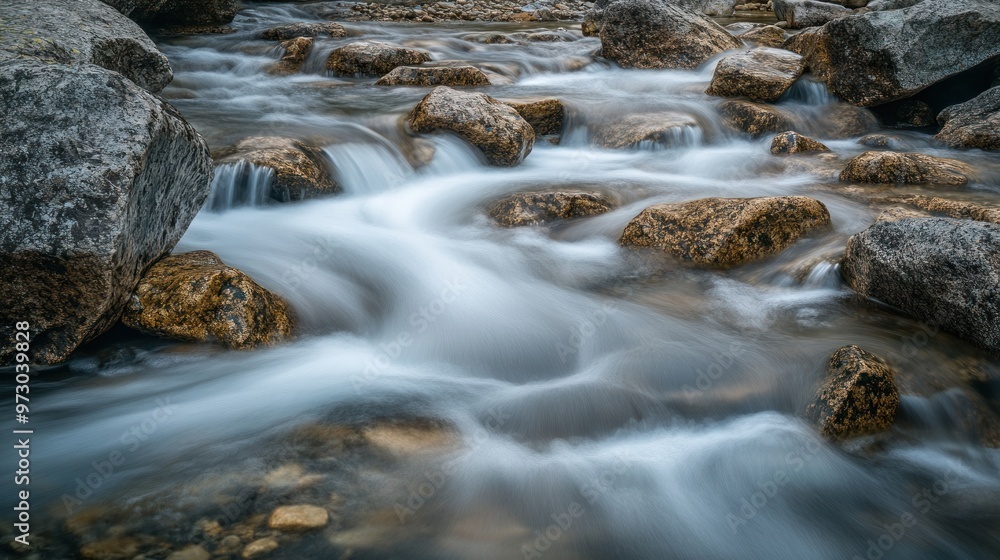 Long exposure photograph of a river flowing over rocks, capturing the silky patterns of the water's movement Long exposure photograph of a river flowing over rocks, capturing the silky patterns of the water's movement