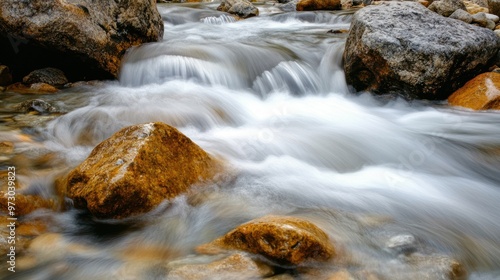 Long exposure photograph of a river flowing over rocks, capturing the silky patterns of the water's movement