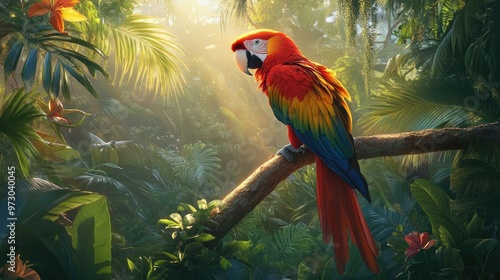 Wallpaper Mural A vibrant red parrot perched on a tree branch, its feathers catching the light in a tropical jungle setting. Torontodigital.ca