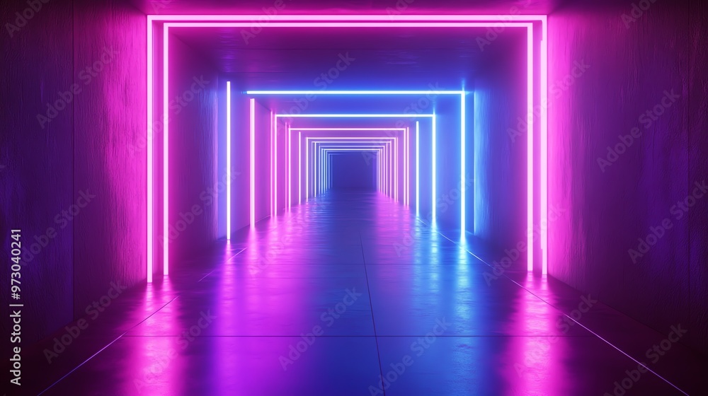 A long, narrow corridor with glowing neon lights in pink and blue. A long, narrow corridor with glowing neon lights in pink and blue.