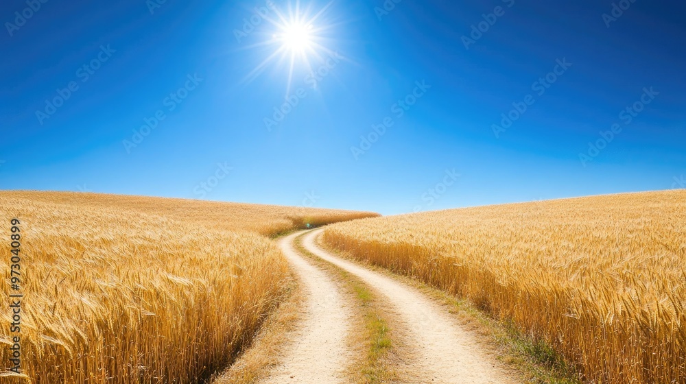 Fototapeta premium A winding dirt path cutting through a sunlit wheat field, leading to the horizon under a perfectly clear blue sky.