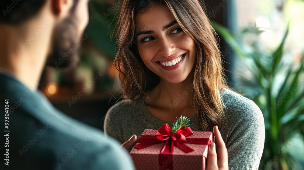 Man's Perspective of Woman Receiving Gift, Portrait, Indoor, Close-up, Gift, Surprise, Love Man's Perspective of Woman Receiving Gift, Portrait, Indoor, Close-up, Gift, Surprise, Love