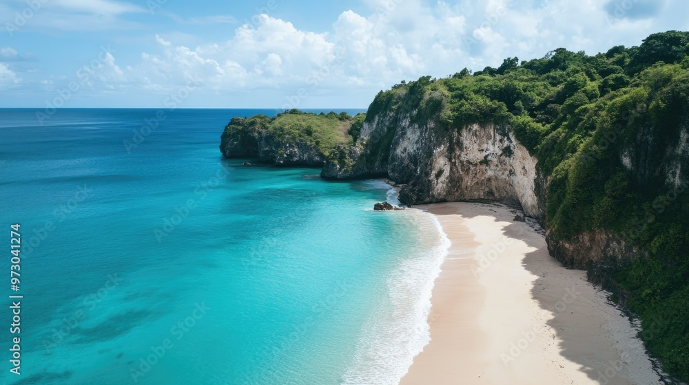 An aerial view of a secluded beach surrounded by cliffs, with calm blue waters and soft white sand stretching for miles. An aerial view of a secluded beach surrounded by cliffs, with calm blue waters and soft white sand stretching for miles.