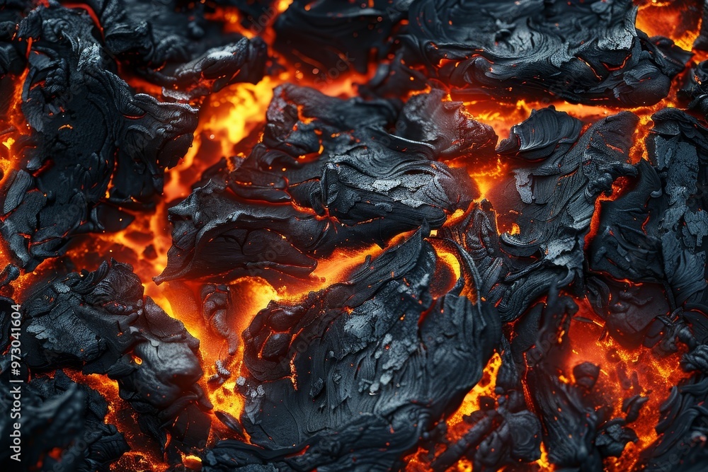 Rough, dark lava rocks are illuminated by intense orange-red glow, revealing the heat beneath the surface in a volcanic landscape during daytime. Rough, dark lava rocks are illuminated by intense orange-red glow, revealing the heat beneath the surface in a volcanic landscape during daytime.