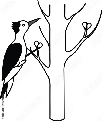 Happy Woodpecker Pecking Tree Simple Vector Art for Kids Coloring
 photo