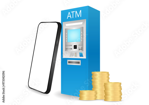 ATM Machine and Smartphone. Internet Banking and Online Payment Concept. Vector Illustration.