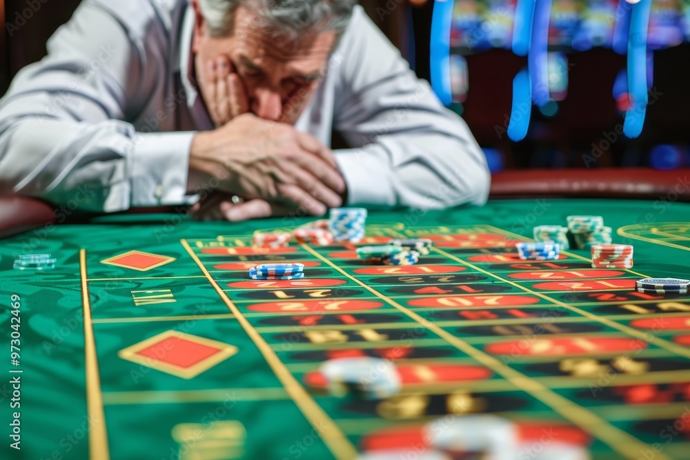 Under dim lights, a man focuses on the roulette table, contemplating his strategy while surrounded by colorful chips and the buzz of excitement in the casino. Under dim lights, a man focuses on the roulette table, contemplating his strategy while surrounded by colorful chips and the buzz of excitement in the casino.