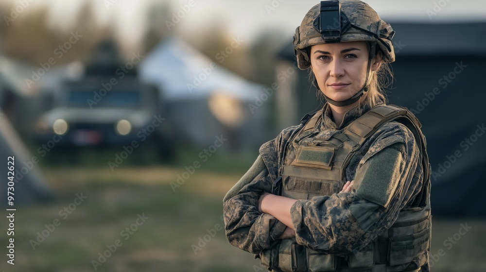 Confident Middle Aged Female Soldier in Field Gear Standing Amid Military Encampment for Presentation or Poster Design Confident Middle Aged Female Soldier in Field Gear Standing Amid Military Encampment for Presentation or Poster Design
