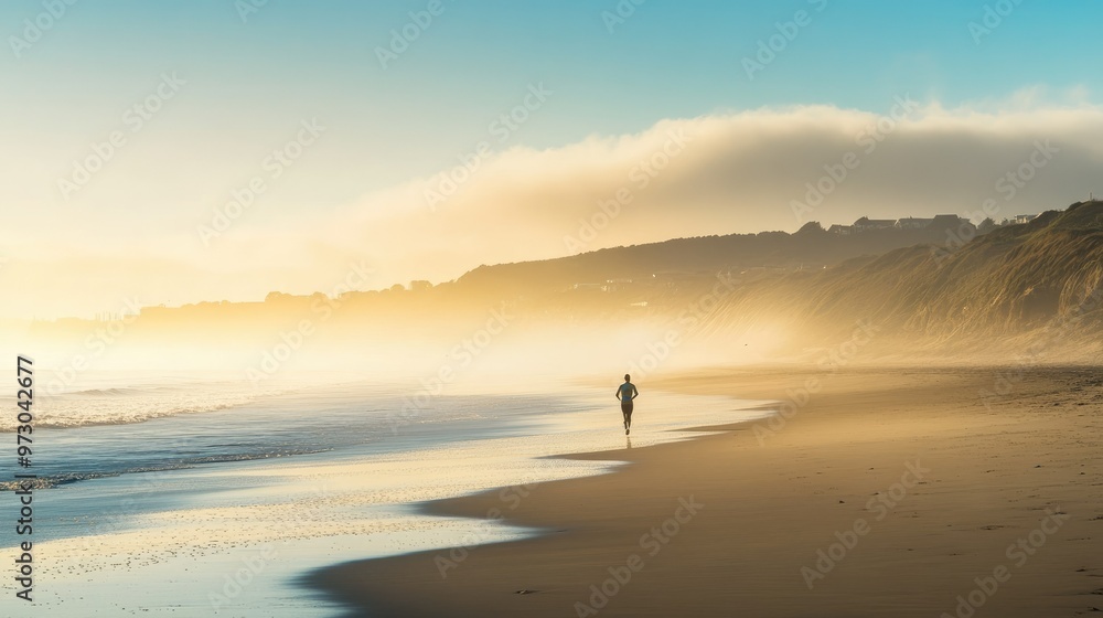 An early morning beach scene with a lone jogger running along the shore, the mist rising from the sea and the sun low on the horizon. An early morning beach scene with a lone jogger running along the shore, the mist rising from the sea and the sun low on the horizon.