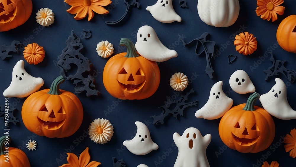 3D clay design of Halloween decorations like pumpkins and ghosts, arranged on a dark navy blue background with orange and white floral patterns. 3D clay design of Halloween decorations like pumpkins and ghosts, arranged on a dark navy blue background with orange and white floral patterns.