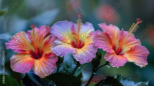 Close-up of three vibrant hibiscus flowers, their petals glistening with dew drops.