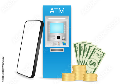 ATM Machine and Smartphone. Internet Banking and Online Payment Concept. Vector Illustration.