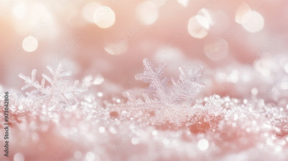 Soft, delicate snowflakes scattered on a pale pink background, blending fragility with warm hues