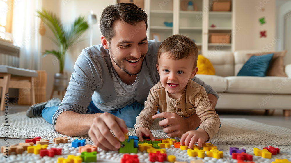 toddler is sitting on the puffy rug in the kid playroom learning to play game with his dad toddler is sitting on the puffy rug in the kid playroom learning to play game with his dad