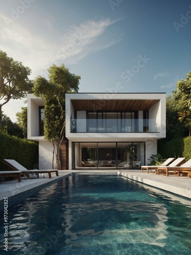 3D rendering of a house with pool and garden.