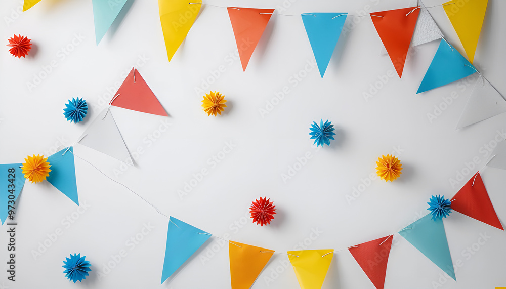 Obraz premium Bunting with colorful triangular flags on white background. Festive decor
