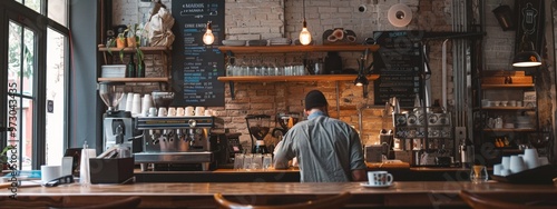 Barista preparing coffee in a cozy urban café with industrial decor photo