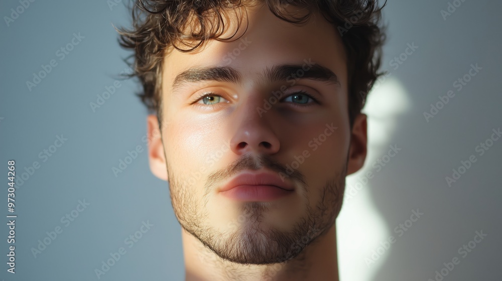 Young man with curly hair and striking blue eyes illuminated by soft light against a neutral background Young man with curly hair and striking blue eyes illuminated by soft light against a neutral background
