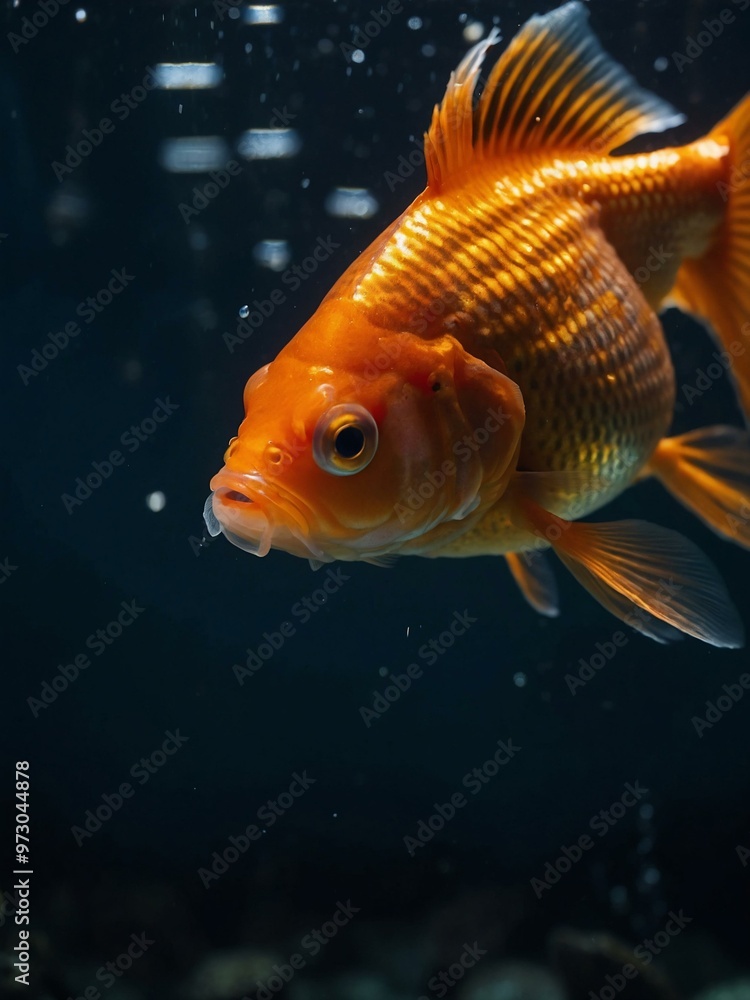 A goldfish swimming in a dark aquarium, highlighted in a close-up shot that captures its shimmering scales and fluid movement. A goldfish swimming in a dark aquarium, highlighted in a close-up shot that captures its shimmering scales and fluid movement.