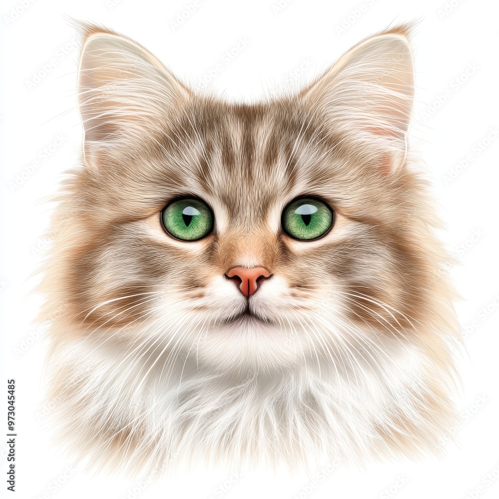 Capture a photorealistic close-up of a fluffy kitten, its bright green eyes sparkling, isolated on a crisp white background Capture a photorealistic close-up of a fluffy kitten, its bright green eyes sparkling, isolated on a crisp white background