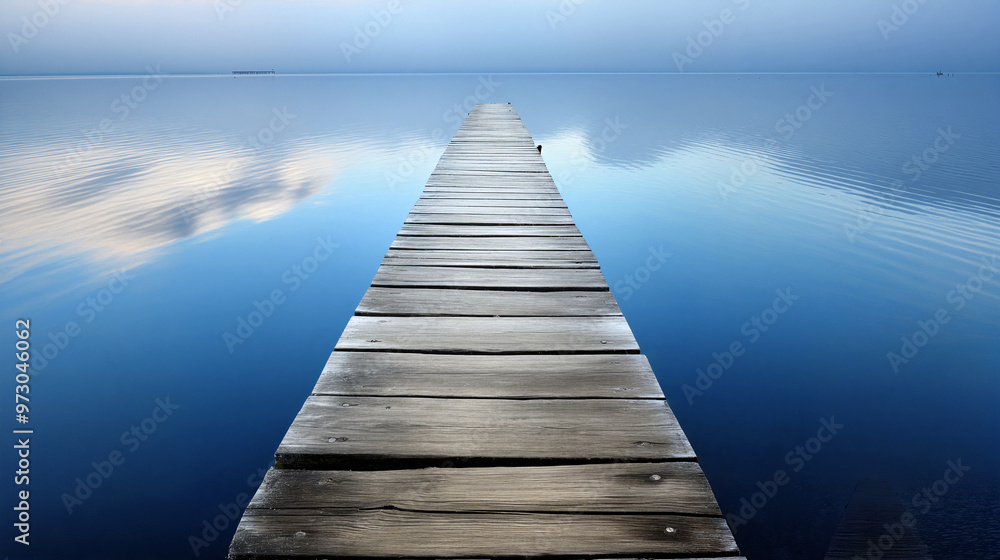 The wooden pier stretches out over still waters, creating a peaceful reflection of the soft blue sky and gentle clouds in the early morning light - Generative AI The wooden pier stretches out over still waters, creating a peaceful reflection of the soft blue sky and gentle clouds in the early morning light - Generative AI
