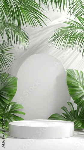 minimalist white stage with palm leaves backdrop for cosmetic product presentation