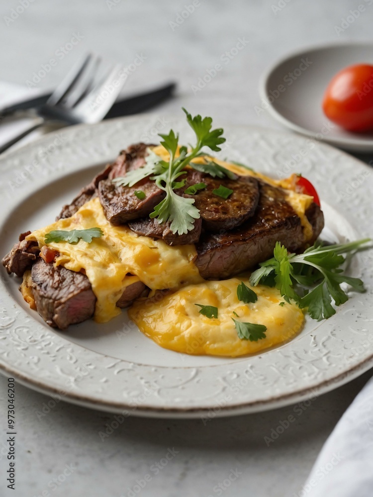 A professionally styled photograph of a steak omelet recipe on a clean white table, taken from a top-down angle to showcase the dish. A professionally styled photograph of a steak omelet recipe on a clean white table, taken from a top-down angle to showcase the dish.