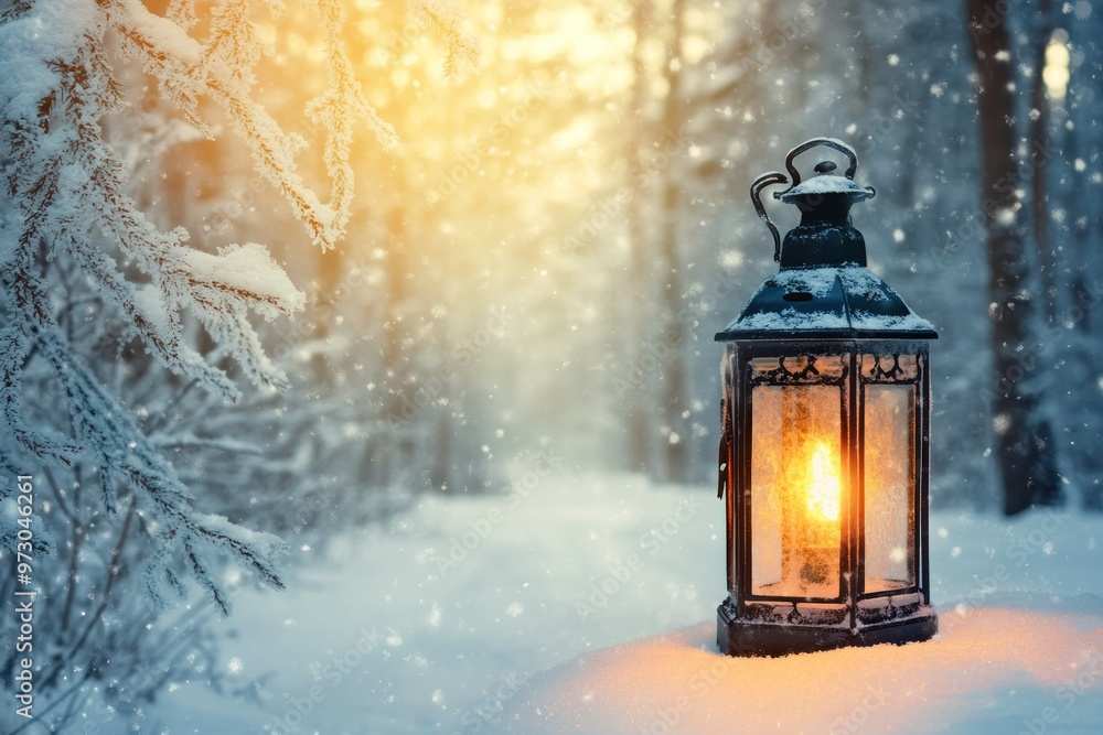 Snowy Winter Forest with Illuminated Lantern at Sunrise Snowy Winter Forest with Illuminated Lantern at Sunrise